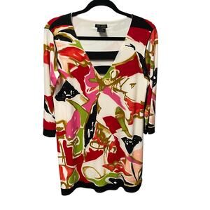 Eva Varro Abstract Floral Print 3/4 Sleeve V Neck Tunic Top Red Pink Green XL